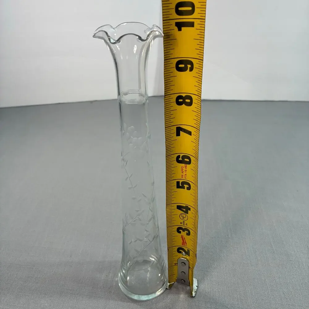 Vintage Etched Clear Glass Bud Vase 10 Inch Ruffled Flared Rim Floral Design